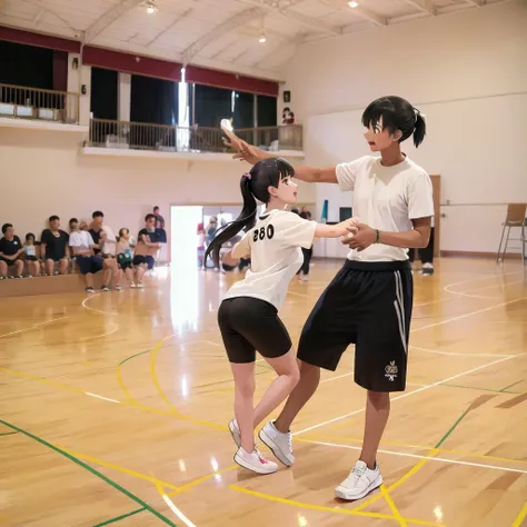 best quality, ultra-detailed, illustration,
taiikukan, shirt, multiple girls, shorts, black hair, indoors, ponytail, black shorts, white shirt, multiple boys, shoes, t-shirt, 2girls, long hair, dancing, short sleeves, realistic, photo background, photo (medium)
<lora:taiikukan_SD15_V4:1>