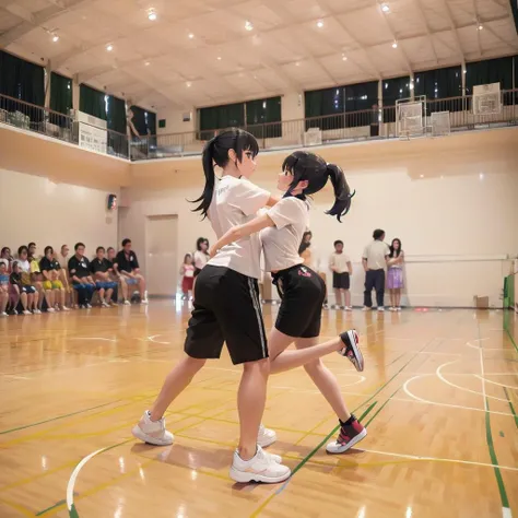 best quality, ultra-detailed, illustration,
taiikukan, shirt, multiple girls, shorts, black hair, indoors, ponytail, black shorts, white shirt, multiple boys, shoes, t-shirt, 2girls, long hair, dancing, short sleeves, realistic, photo background, photo (medium)
<lora:taiikukan_SD15_V4:1>