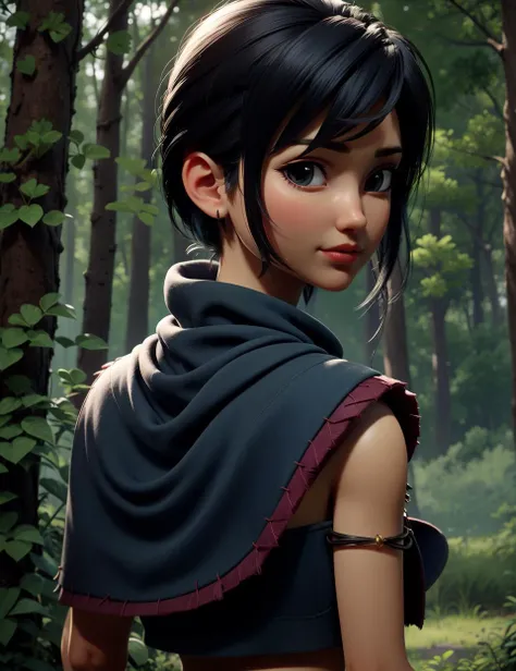best quality, masterpiece, 1girl, face closeup, view from back, looking at viewer, portrait, solo, looking over shoulder, KENA, (kena outfit), necklace, poncho, midriff, spine, upper body, deep forest, grass, bushes, stones <lora:3DMM_V12:0.8> <lora:Kena_v1:0.8>