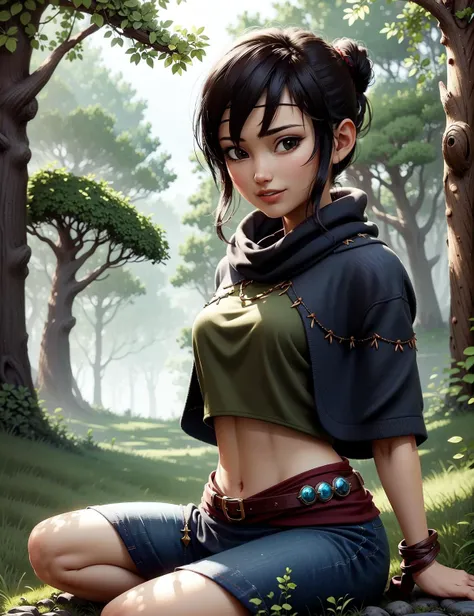 best quality, masterpiece, 1girl, solo, looking at viewer, KENA, (kena outfit), poncho, midriff, upper body, sitting in forest, grass, bushes, stones <lora:3DMM_V12:0.0> <lora:Kena_v1:0.8>