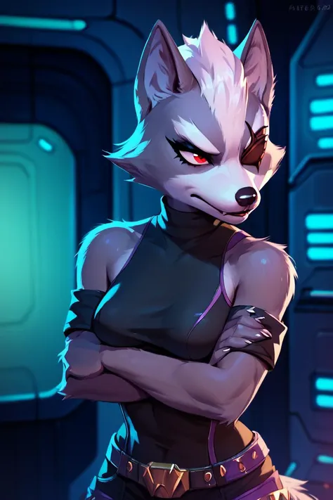 score_9, score_8_up, score_7_up, <lora:Wolf_ODonnell:1> 1girl, wolf o'donnell, in spaceship, arms crossed, medium breasts, eyeliner