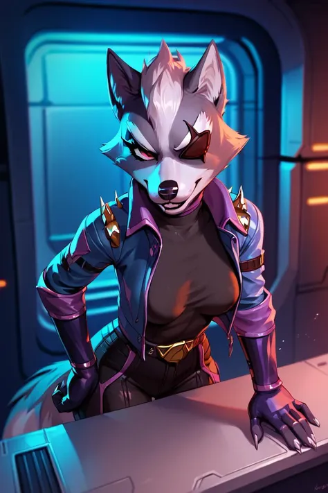 score_9, score_8_up, score_7_up, <lora:Wolf_ODonnell:1> 1girl, wolf o'donnell, in spaceship, medium breasts, eyeliner, female furry,