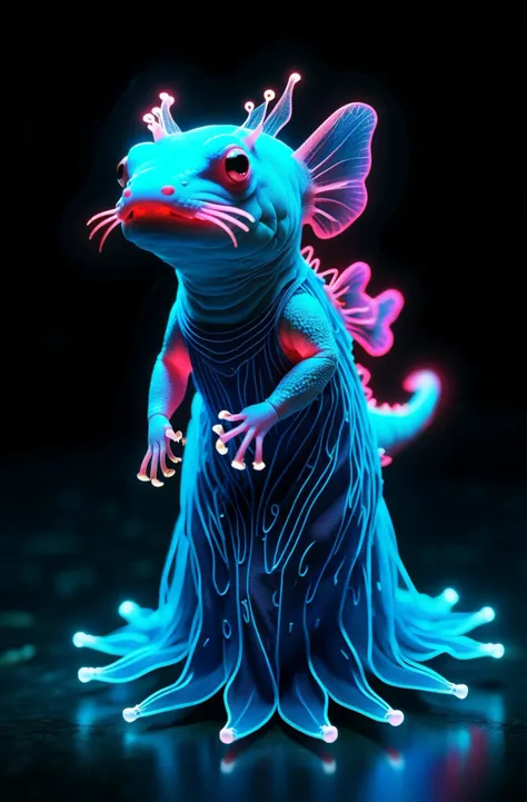 Axolotl glowing neon blue gown, Realistic style