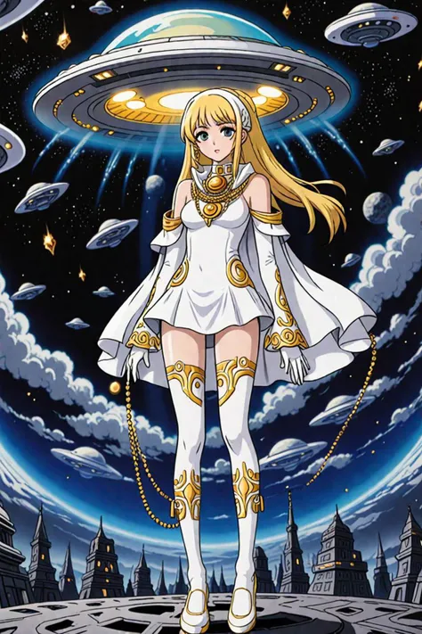 a white leggings and elaborate gold jewelry in a ufo attack in the style of dramatic anime, printerest, <lora:add detail xl.safetensors:2.1>