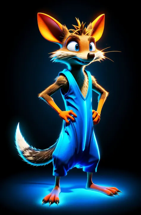 Bandicoot glowing neon blue gown, Realistic style