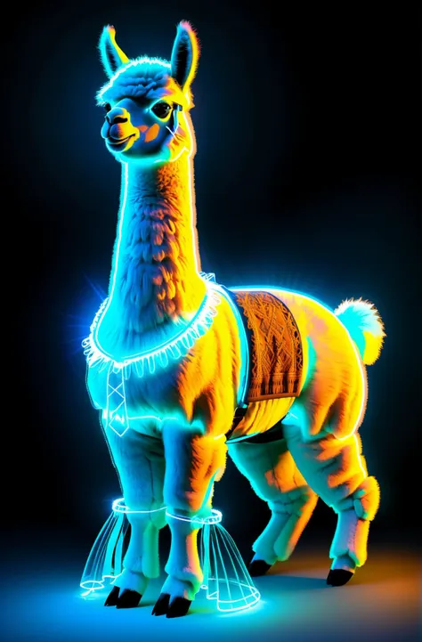 Alpaca glowing neon blue gown, Realistic style