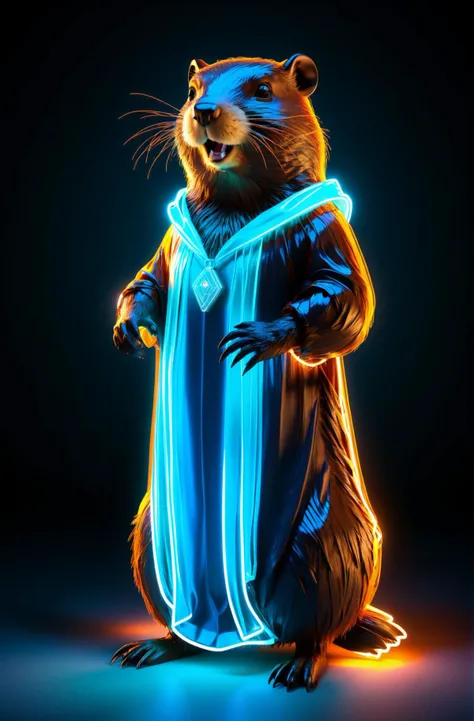 Beaver glowing neon blue gown, Realistic style