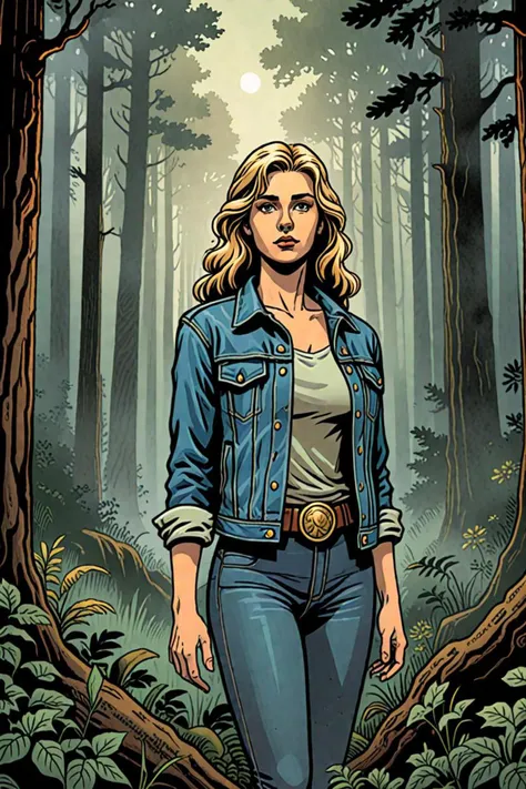 a jean jacket and roman goddess in a forest scene in the style of graphic novel cover art, mystical fog, <lora:add detail xl.safetensors:2.1>