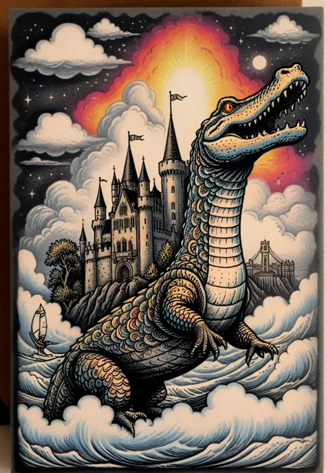 adult Alligator covered in intricate glowing aether tattoos, enchanted castle in the clouds, surfer, charcoal grey theme, vivid colors, ultra sharp, intricate details, <lora:20240130-1706618203434:0.8> (copperplate), etching, thick line outline, minimalism, letterpress, flat illustration, vintage, black and white, art, rich texture detail,