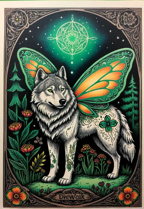 adult direwolf covered in intricate glowing aether tattoos, ethereal butterfly garden with glowing wings and vibrant colors, fairy tale, kelly green theme, vivid colors, ultra sharp, intricate details, <lora:20240130-1706618203434:0.8> (copperplate), etching, thick line outline, minimalism, letterpress, flat illustration, vintage, black and white, art, rich texture detail,