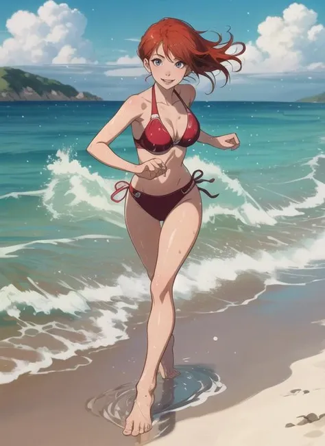 masterpiece, full body, 1girl, 4k ,bikini, fabrics move with the wind, various characters, redhead, wet body, reflections, looking at the viewer, on a beautiful sunny beach, seashore, running, water particles in the air, beautiful hands, barefoot,  <lora:add_detail:0.4>,anime 1990s (style),