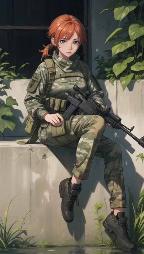 masterpiece, full body, 1girl, 4k,sitting mi on a wall ,camouflage between plants ,tactical soldier clothing, camouflage paint ,holding sniper gun on her legs, <lora:add_detail:0.6>