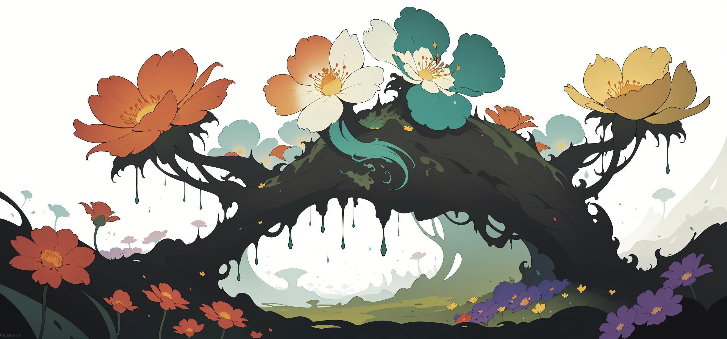 abstract death chaos (flowers:1.2), dark, beautiful, multicolor, colorful, scenery, art by Peter Mohrbacher, green, white background, simple background, no humans,