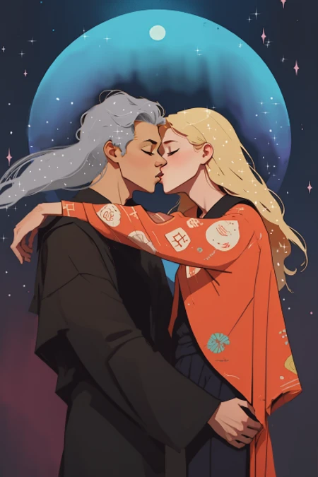 (Illustration, wallpaper, masterpiece:1.2, best quality:1.5, high res, colourful) 1couple, (1girl, in a gipsy costume with long sleeves with long blond hair) behind a nightsky (fantasy), and (1 boy silver long hair, tall, and black robe, hugging from behind, portrait
<lora:PrettyBoyV2:0.8> Caucasian, Pretty Boy
<lora:Style-Interact:1>
<lora:CSMJ-AdamW-01:0.6>
<lora:derpd - DerpdeedooStyle:0.8> derpd