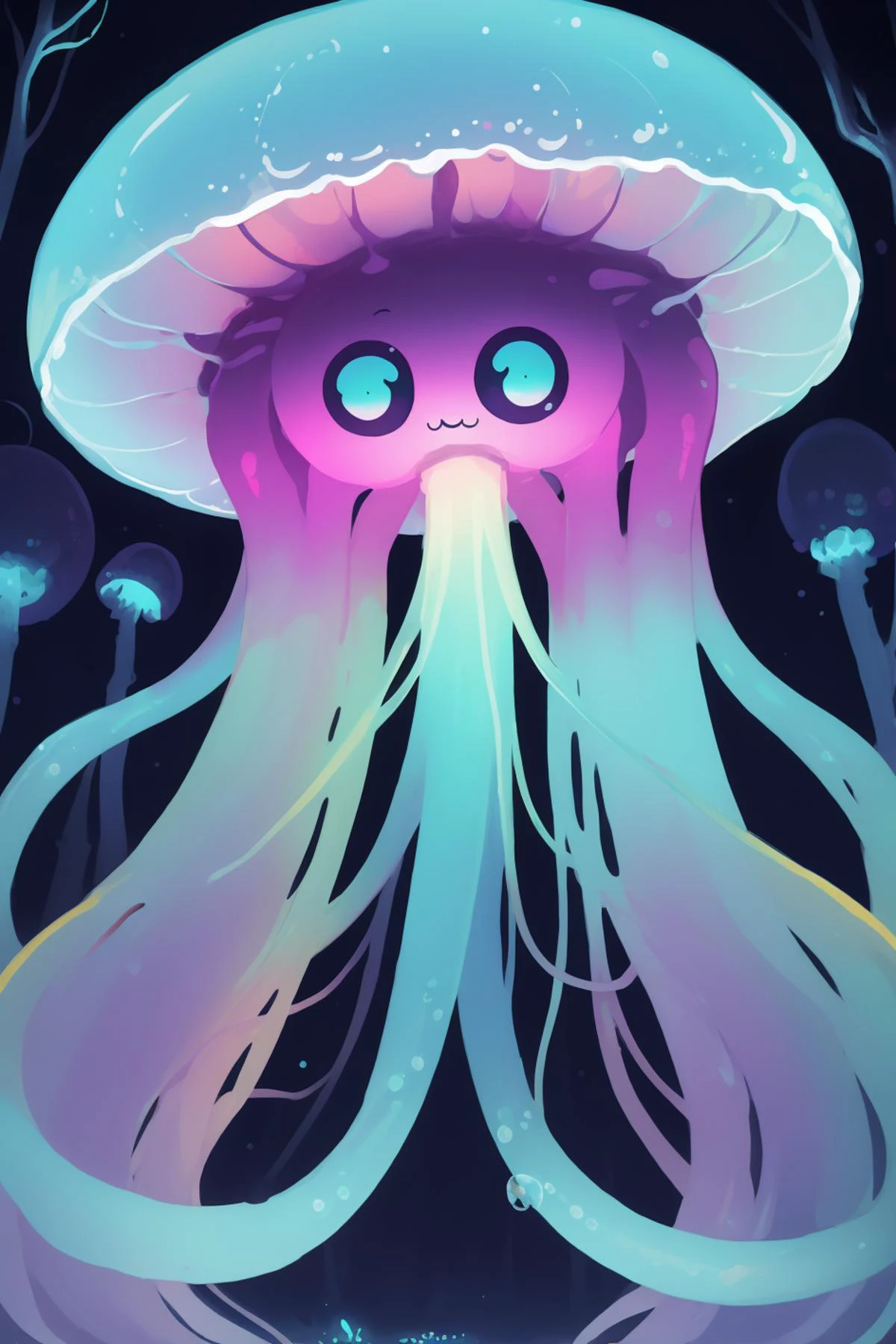 [colorful, abstract:0.4], glowing (cute:1.3) jellyfish creature [personification::0.2], looking at viewer, (uwu, :3:1.2), [neon, night, forest, bubbles, highly detailed background:0.2],