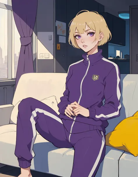 a woman,small breasts,purple eyes,sitting on couch,tracksuit,concrete,brutalism,in apartment,((indoors)), <lora:LORA-XenoDetailer-v2:0.1>,short blonde hair,pixie cut