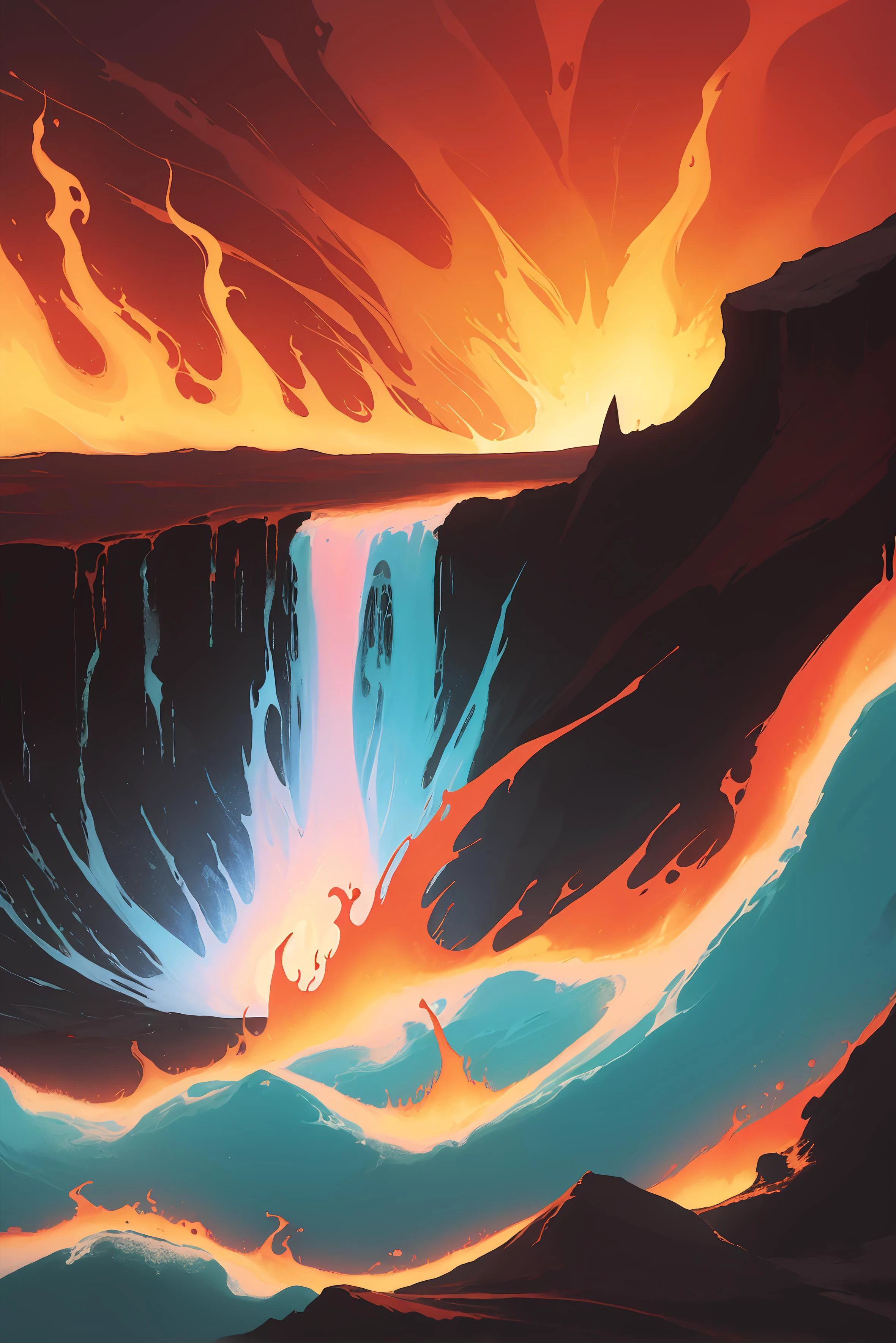 creativity, [sunset:black hole, colorful:0.15], abstract, scenery, [waves, waterfall:fire, volcano, lava:0.2], swirl, cliff