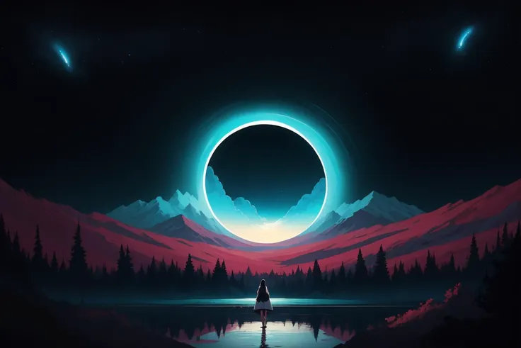 black hole, (colorful, abstract:1.2), [ghibli, anton fadeev, clouds, sky, trees, mountain, lake, giant panda, woman, bikini:0.2], (scenery:1.2)