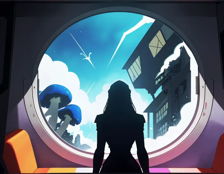 three cornered window, back of head shot of (woman looking out of triangle window:1.1), 3rd person, Looking out the triangular window of a (train:1.1) with triangular windows, triangular windows and triangular, wheels,  in a fantasy world, 
psychedelic, geometric, vivid light, high contrast, triadic colors, dark shadows,  explosions, nuclear mushroom cloud, nuclear explosion, dystopian nightmare, 
(beautiful composition),
21 yo woman,