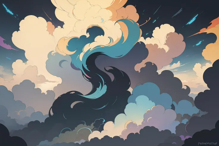 (clouds:1.4), abstract, minimalism, chaos, dark, (multicolored, colorful:1.2), art by Peter Mohrbacher,