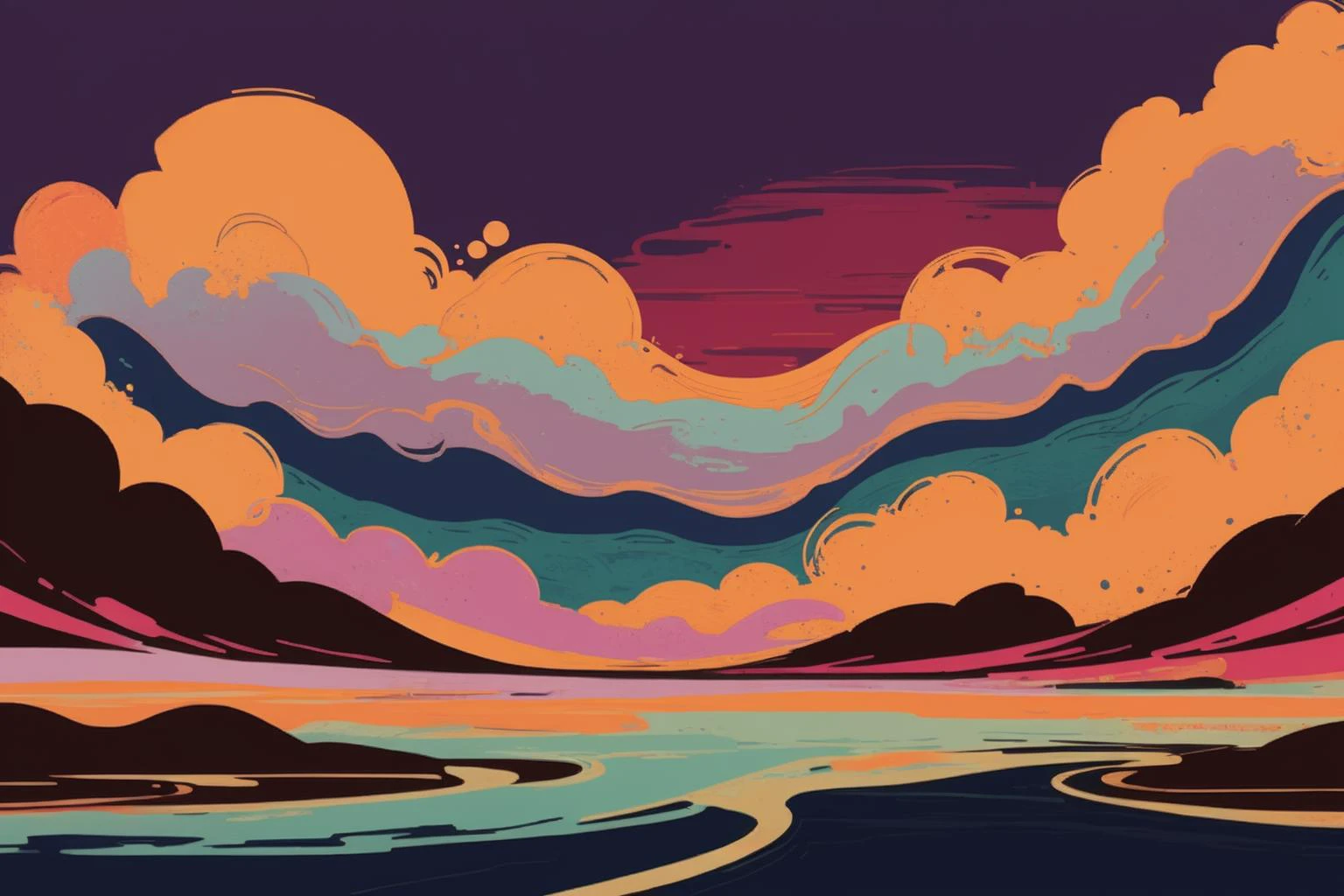 limited palette steampunk background, flow, [clouds, landscape: colorful, abstract:0.2]