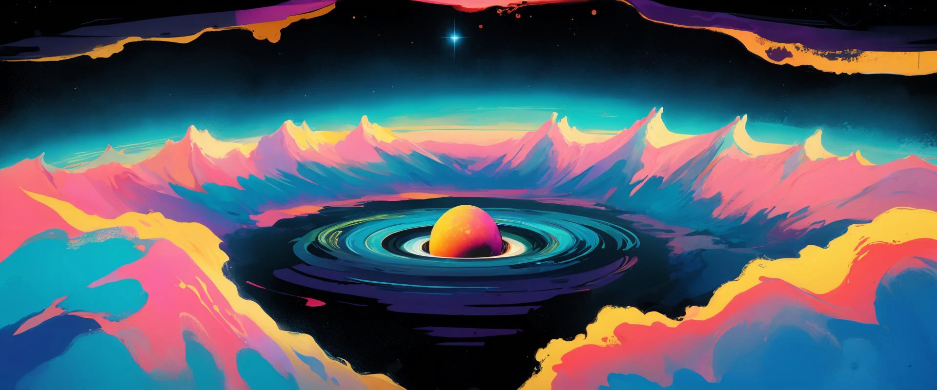 black hole, (colorful, abstract:1.2), [iridescent bubbles floating in the background, fluffy cotton candy clouds::0.2], (scenery:1.2)