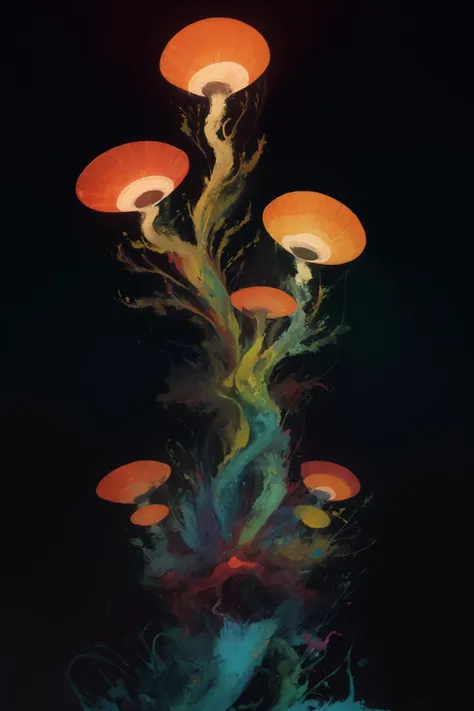 [glowing, mushroom, aphrodisiac, illusion, forest, tree, fireflies: (abstract:1.2):0.3]