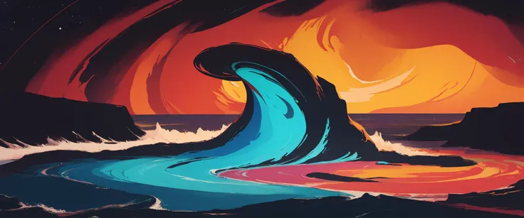 creativity, [sunset:black hole, colorful:0.15], abstract, scenery, [waves::0.1], swirl, cliff