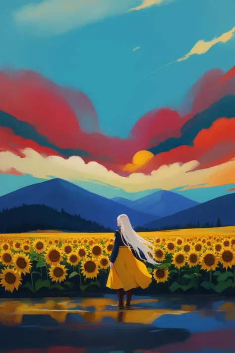 abstract, inner might, [absurdly long white hair:0.2], landscape, [sunflower field:0.2]