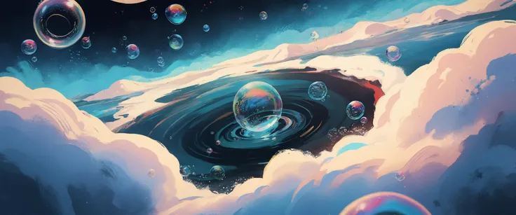 black hole, (abstract:1.2), [iridescent bubbles floating in the background, fluffy cotton candy clouds::0.3], (bubbles:1.2), (scenery:1.2)