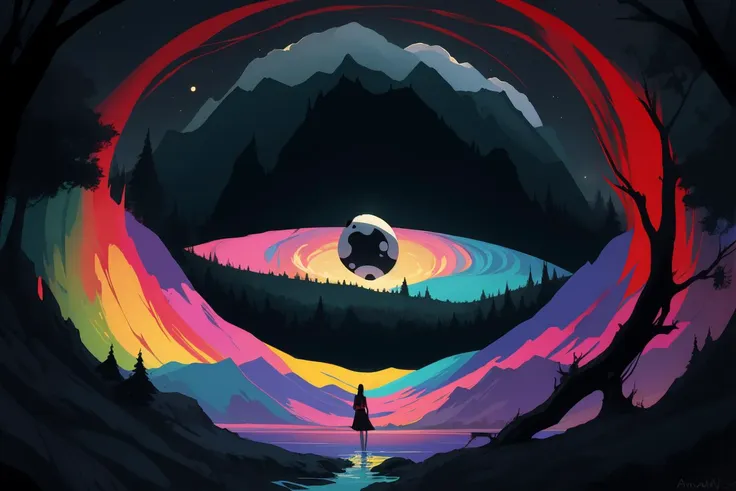 black hole, (colorful, abstract:1.2), [ghibli, anton fadeev, clouds, sky, trees, mountain, lake, giant panda, woman, bikini:0.2], (scenery:1.2)