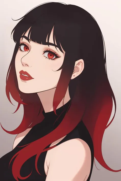 [mature:0.2] woman, black hair, red bangs, gradient hair, [detailed red eyes:0.2]