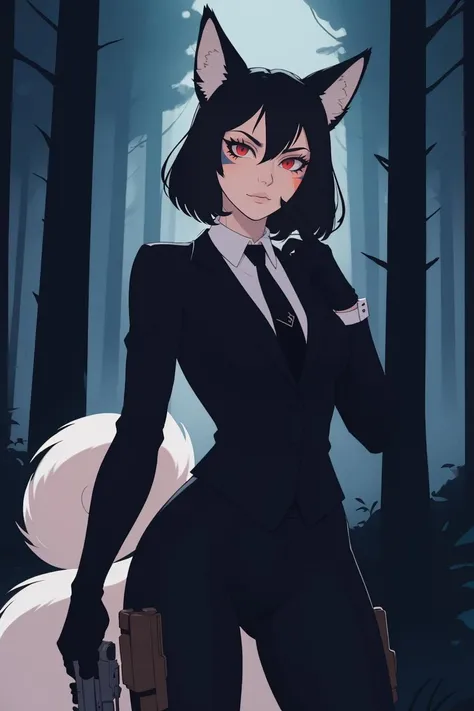 solo,animal ears,black gloves,black hair,black suit,cowboy shot,fox ears,fox woman,fox tail,gun,handgun,high-waist pants,holding gun,medium hair,necktie, detailed [red:0.2] eyes, glowing eyes,slit pupils,seductive,trigger_discipline,(whisker_markings:1.2),hourglass_figure, forest, dark, darkness, night,