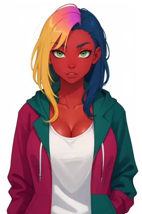 (lizard:1.2), no humans, red skin, colored skin, open jacket, cleavage, rainbow hair, upper body, white background, small breasts, detailed green eyes, hoodie