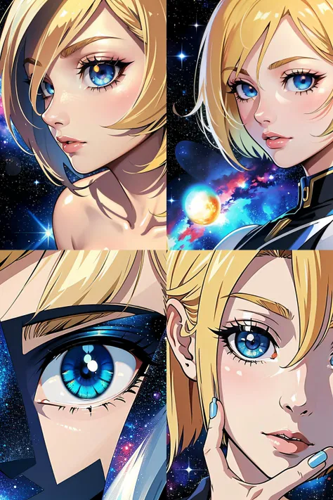 (((Masterpiece))), (((Best Quality))) , ((Super Detail)), fingernails. Beautiful detail , highly detailed, (eye detail), beautiful light detail, detailed light, shiny skin, shiny hair, intricate detail, 1girl , short hair , big eyes, blond hair , anime , galaxy theme , solo, blue eyes, full body