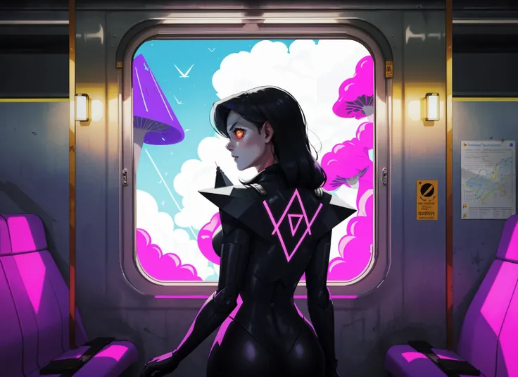 three cornered window, back of head shot of (woman looking out of triangle window:1.1), 3rd person, Looking out the triangular window of a (train:1.1) with triangular windows, triangular windows and triangular, wheels, in a fantasy world,
psychedelic, geometric, vivid light, high contrast, triadic colors, dark shadows, explosions, nuclear mushroom cloud, nuclear explosion, dystopian nightmare,
(beautiful composition),
21 yo woman,