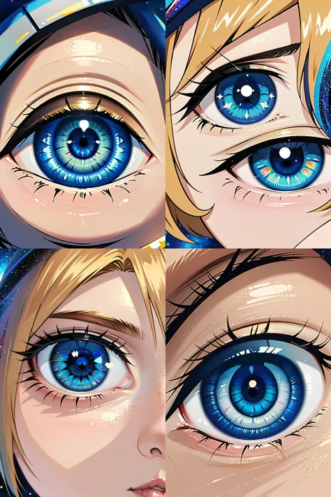 (((Masterpiece))), (((Best Quality))) , ((Super Detail)), fingernails. Beautiful detail , highly detailed, (((eye detail))), beautiful light detail, detailed light, shiny skin, shiny hair, intricate detail, 1girl , short hair , big eyes, blond hair , anime , galaxy theme , solo, blue eyes, full body