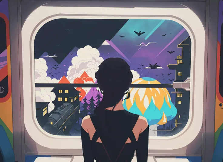 three cornered window, back of head shot of (woman looking out of triangle window:1.1), 3rd person, Looking out the triangular window of a (train:1.1) with triangular windows, triangular windows and triangular, wheels, in a fantasy world,
psychedelic, geometric, vivid light, high contrast, triadic colors, dark shadows, explosions, nuclear mushroom cloud, nuclear explosion, dystopian nightmare,
(beautiful composition),
21 yo woman,