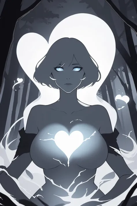 ghost, mature, large breasts, glowing, dark, darkness, heart, white theme, forest, floating, fast, rotational