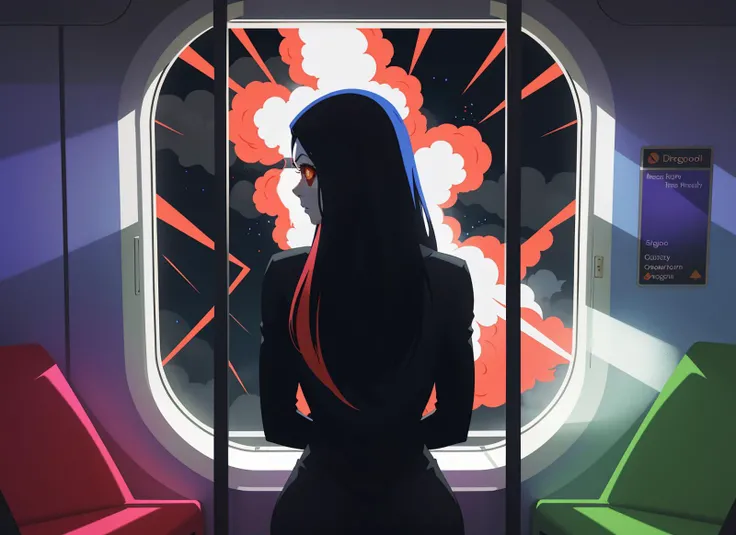 three cornered window, back of head shot of (woman looking out of triangle window:1.1), 3rd person, Looking out the triangular window of a (train:1.1) with triangular windows, triangular windows and triangular, wheels, in a fantasy world,
psychedelic, geometric, vivid light, high contrast, triadic colors, dark shadows, explosions, nuclear mushroom cloud, nuclear explosion, dystopian nightmare,
(beautiful composition),
21 yo woman,