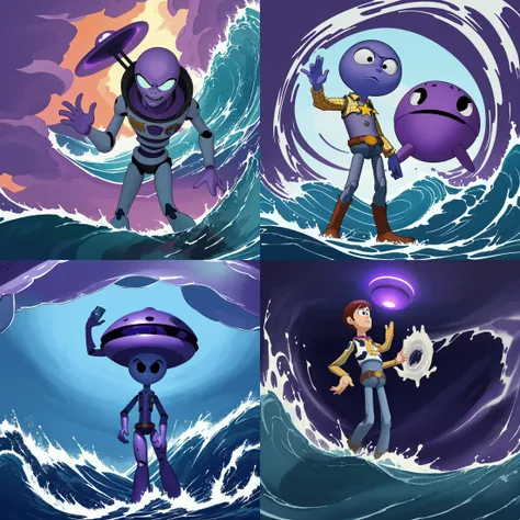 an alien from Toy Story stands against a background of a purple UFO and waves his hand