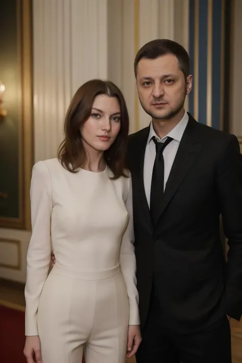 candid photograph of (woman and man together)S383_ValeryKaufman wearing formal wear,((embracing)) Ukrainian President<lora:Zelenskyy2:0.7>zelenskyy,(3/4 shot),(slight smirk),Kyiv string quartet in the background