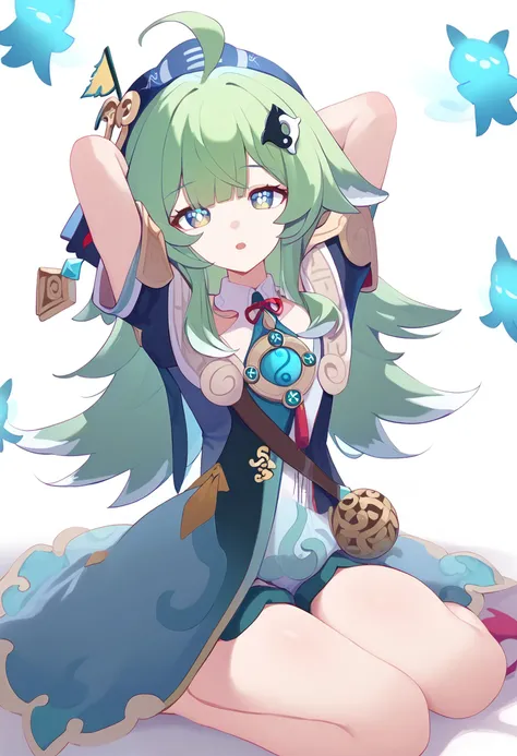 score_9,huohuo \(honkai star rail\),1girl,ahoge,solo,open mouth,fox girl,hair ornament,hat,looking at viewer,long sleeveskneeling, arms behind head, seiza,solo,looking at viewer,flower,full body,simple background,white background,score_9,<lora:pony_char_huohuo_(honkai_star_rail)-000038:1>