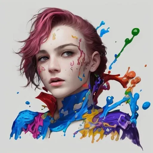 une femme de 25 ans, nue, topless, bodypainting multicolor, dans un atelier de peintre
