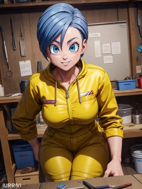 RAW photo, (high detailed skin, detailed eyes:1.1), intricate details, best quality, 8k uhd, 1girl, solo, buruma_brief_older, buruma_super_resurrectionfreezer, yellow jumpsuit, workshop in background, smile <lora:buruma_brief_olderV3:0.5> <lora:SexScene3DRender:0.9>