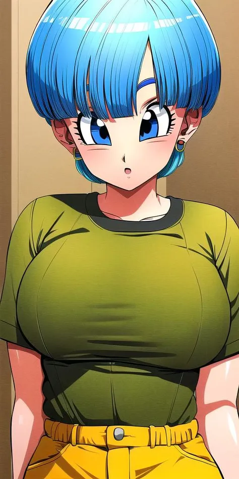 masterpiece, best quality, ultra-detailed, illustration,masterpiece, Best quality, high resolution, high resolution, dragon ball, blmshort, aqua hair, very short hair, earrings, jewelry, (red dress),tight dress, (yellow scarf), short dress, sleeveless ,beautiful detailed eyes, looking at viewer in a seductive look, close up, (breast focus), (arms behind back:1.2), tight clothes ,(from above:1.1),  large sized breasts, big tits,huge tits,(breasts out:1.3), attempt to seduce, wet clothes, nipples ,(show tits)