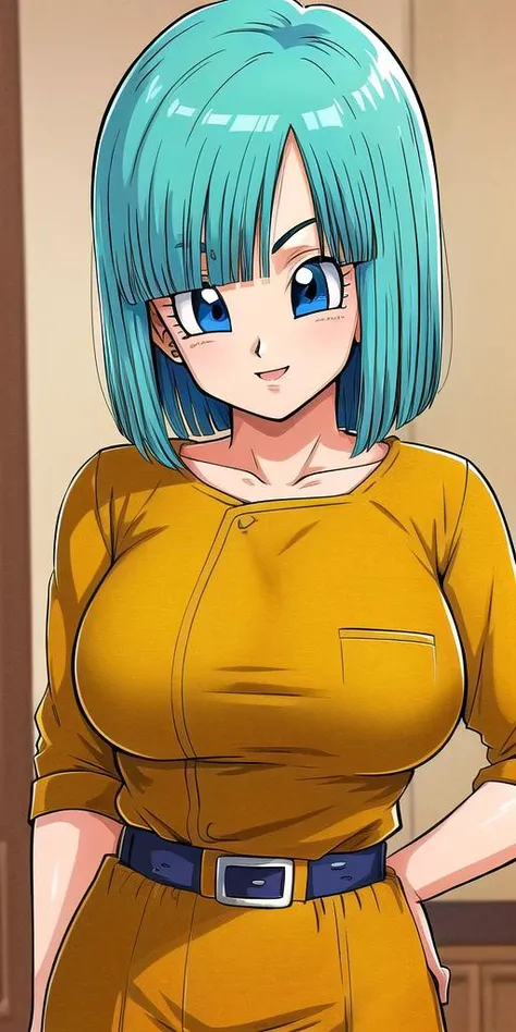 high definition, 8K, detailed face, grabbing her breast, showing her breast, Bulma from dragonball z, Deep blue eyes, (large breasts)), slim and thin, front view, 2 handlue hair, Beautiful smile, Smiling at viewer, blushing cheeks, naked nude