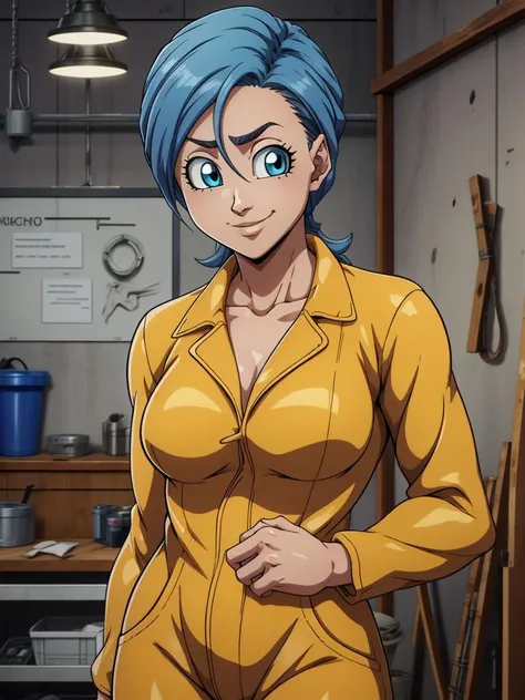 RAW photo, (high detailed skin, detailed eyes:1.1), intricate details, best quality, 8k uhd, 1girl, solo, buruma_brief_older, buruma_super_resurrectionfreezer, yellow jumpsuit, workshop in background, smile <lora:buruma_brief_olderV3:0.5> <lora:bleach_style_offset:1>