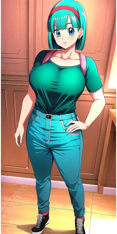 Anime Women、Highest quality:1.2),Detailed face, Lady、Glasses、Braid、Forehead、Big Breasts, Big Ass, Denim overalls、sweater、sneakers、whole body