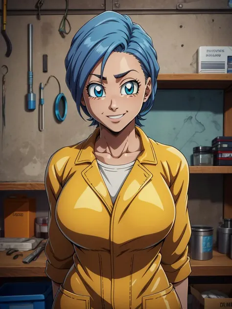 RAW photo, (high detailed skin, detailed eyes:1.1), intricate details, best quality, 8k uhd, 1girl, solo, buruma_brief_older, buruma_super_resurrectionfreezer, yellow jumpsuit, workshop in background, smile <lora:buruma_brief_olderV3:0.5> <lora:bleach_style_offset:1>